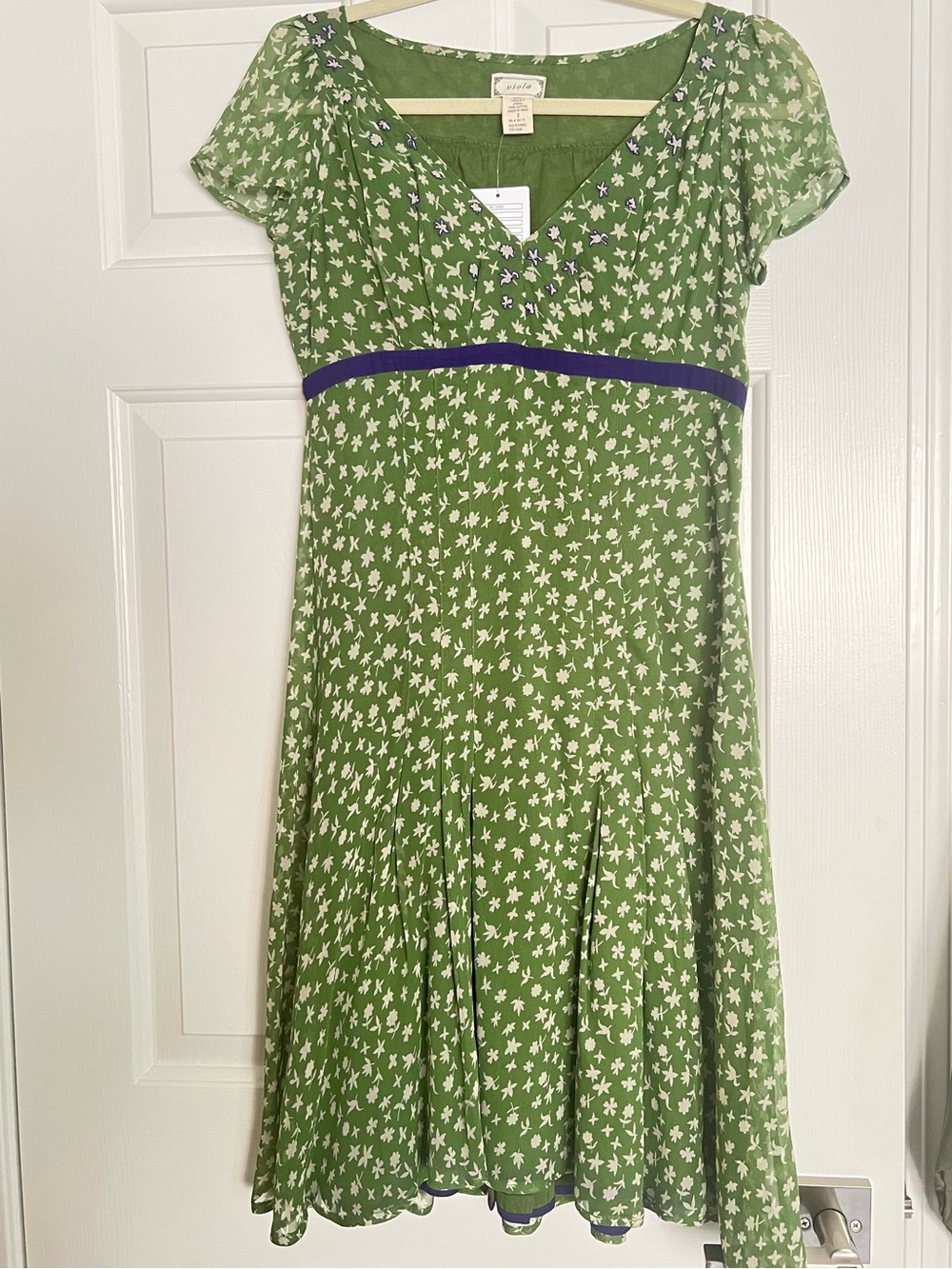 Green Floral Silk Midi Dress with Purple Accents